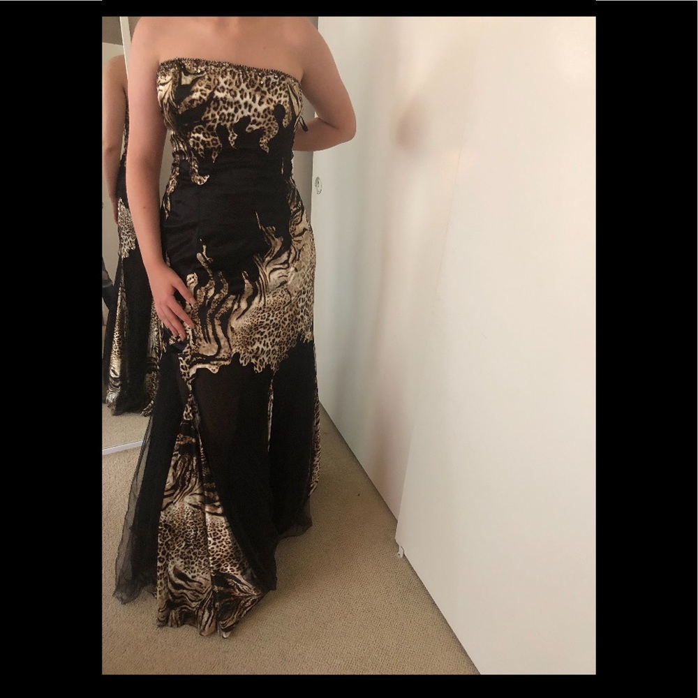 Animal print and mesh strapless prom gown